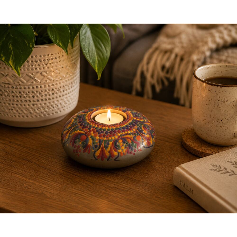 Hand Painted Mandala Tealight Holder Candle Decor Boho Home Accent